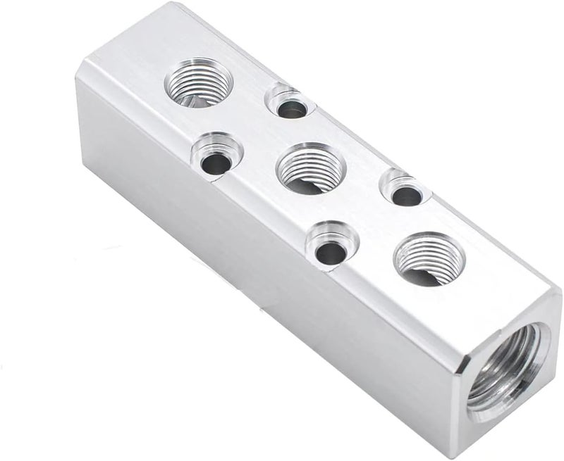 Iceyon 3 Way Pneumatic Manifold Air Distribution Block, Aluminum Alloy Air Compressor Manifold Distribution Block, G1/2 Supply Port, G1/4-Inch Output Port (3 Way 5 Port) - Image 1